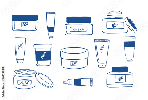 Set of hand drawn cosmetic cream jars and tubes in doodle style. Beauty and skincare packaging icon. Vector illustration
