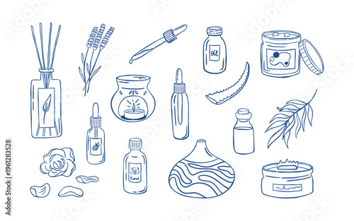 Hand drawn aromatherapy spa icon set with  essential oil, diffuser, candles, and herbal extract. Doodle vector illustration