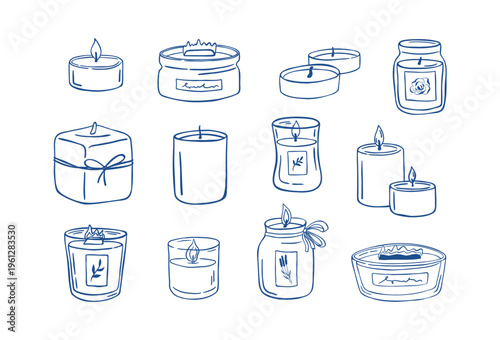 Doodle set of cozy aroma candles. Hand drawn vector illustration for spa, home decor and relaxation