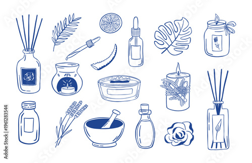 Set of hand drawn aromatherapy and spa icons. Doodle wellness and self-care elements with diffuser, essential oil, candle, mortar and herbs vector illustration
