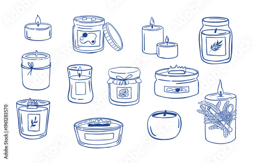 Doodle style scented candle collection with various jars and holders.  Hand drawn vector illustration