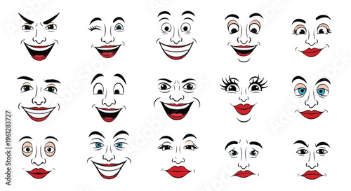 Cartoon Human Facial Expressions Set with Various Emotions, Comic Style Mouths and Eyes Illustrations on White Background