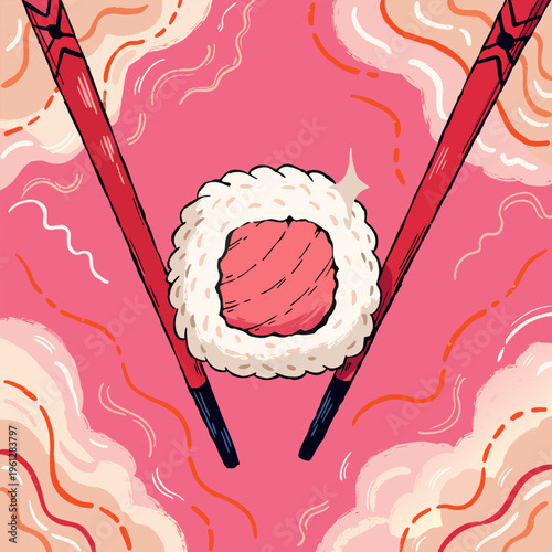 Abstract Sushi Pattern Background with Chopsticks Seamless Design