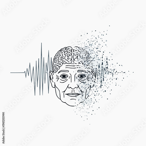 Elderly man's face, half dissolving into particles, with a waveform, representing memory loss.