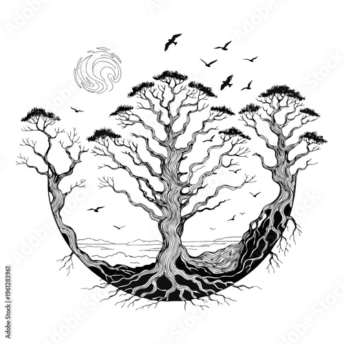Minimal Ink Bonsai Tree Illustration Japanese Zen Style