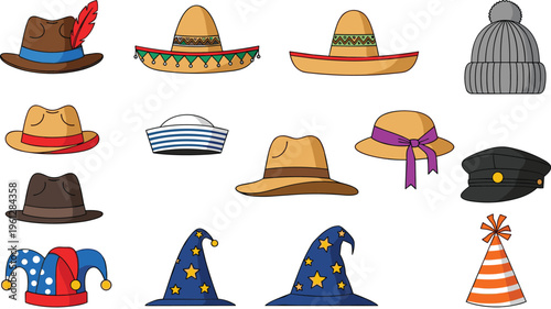 Hat Collection with Various Types Including Cowboy, Witch, Sailor, and Party Hats, Cartoon Design on White Background