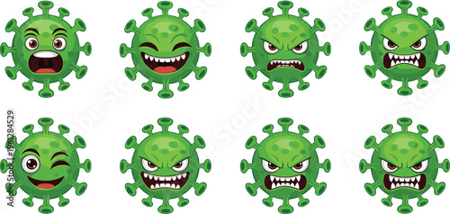 Cartoon Virus Character Collection with Various Facial Expressions, Funny Green Virus Icons for Health Design on White Background