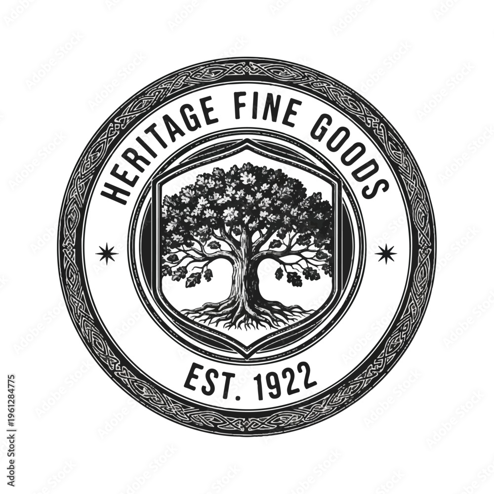 Obraz premium Circular heritage badge featuring a stylized tree emblem and vintage seal for fine goods branding.