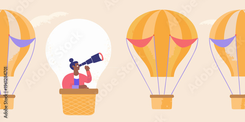 A woman peers through binoculars from a hot air balloon basket