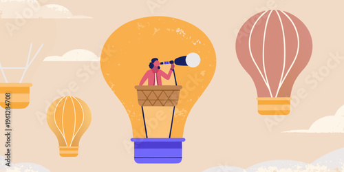 A person explores ideas within a lightbulb hot air balloon