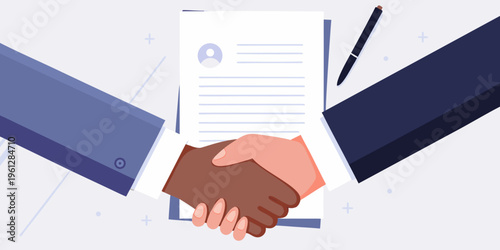A handshake over a document signifies a completed agreement or deal