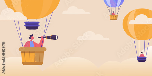 People exploring the sky in colorful hot air balloons and observing