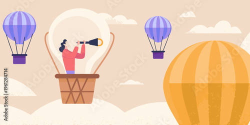 Person in a hot air balloon looking through a telescope at clouds