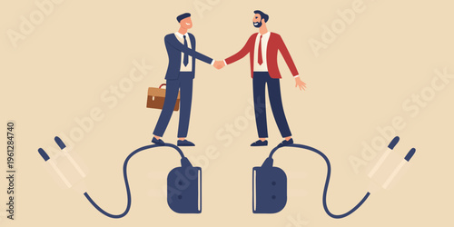Two businessmen shake hands over charging cables and power banks