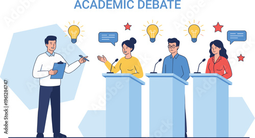 Academic Debate Concept with Students at Podiums, Moderator Judging Competition, Creative Ideas, and Intellectual Discussion Vector Illustration for Education