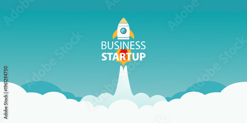 A rocket launching with the text business startup in a colorful design