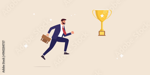 Business professional races towards a golden trophy symbolizing success
