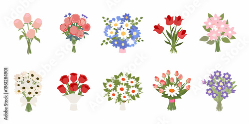 Colorful assortment of illustrated flower bouquets in various styles and colors