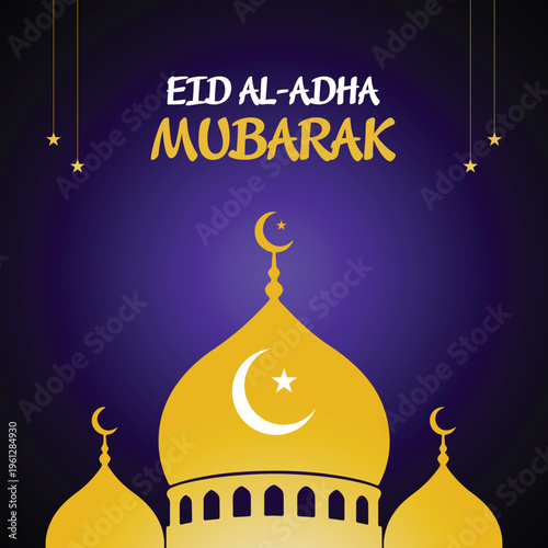 Golden mosque dome illustration for Eid al Adha Mubarak festival greeting on purple background with crescent and stars