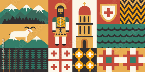 A colorful geometric composition showcasing georgian cultural symbols and motifs