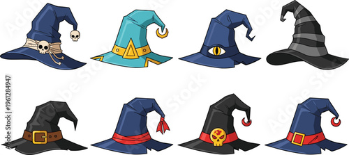Witch Hat Collection with Various Designs and Decorations, Halloween Magical Headgear Set for Costume and Party Design on White Background