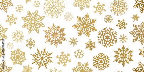 Golden snowflakes scattered across a clean white background texture