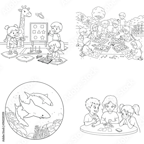 Vector coloring page: school bus on road, space satellite, scooter, and swirl, line art, outer space