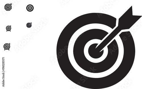 Abstract bullseye target with single arrow hitting center, bold solid silhouette icon vector design