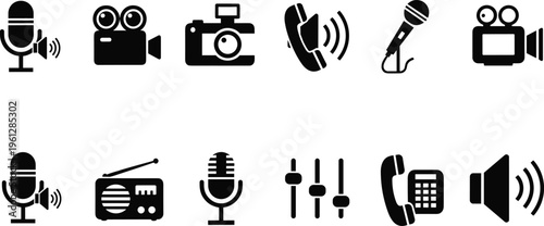 Media Equipment Icon Set with Microphone Camera Radio Telephone Video Camera Speaker and Audio Control Elements for Communication Design