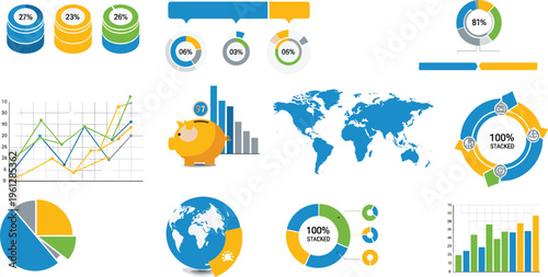 Data Analytics Infographic Collection with Charts, Graphs, Diagrams, and World Map for Business Analysis Design on White Background