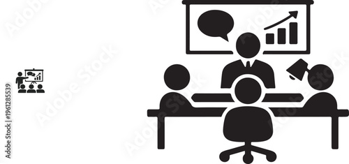 Business meeting icon with team discussion around table corporate communication silhouette vector