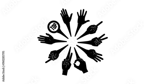 Circular arrangement of hand gesture silhouettes showing expressive human signs isolated on white background vector