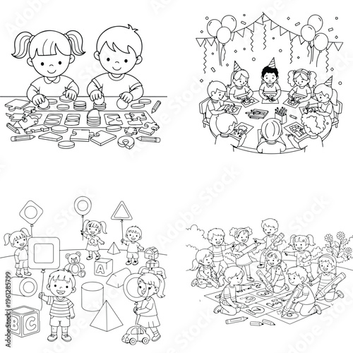 Cute cartoon asteroids with wi-fi signal and airplane outline with coloring page with outer space