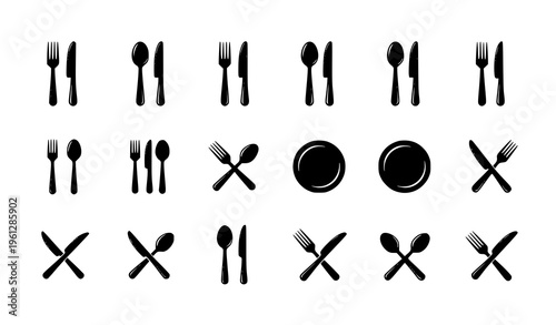 Cutlery icon set with fork knife and spoon silhouettes isolated on white background minimal food symbol vector