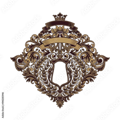 Intricate Baroque Crest Emblem Featuring Laurel Wreath, Crown, and Decorative Banner.