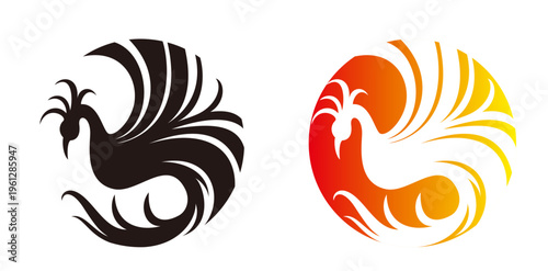 上昇や再生を象徴する鳥の円形ロゴ・モノクロとカラーのエンブレム素材 / Circular bird logo emblem monochrome and color set
