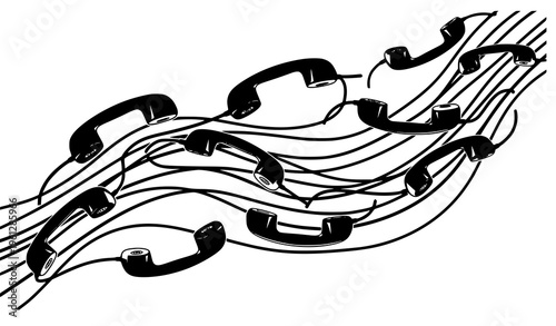 Abstract diagonal composition of telephone handset silhouettes with flowing cords modern communication vector