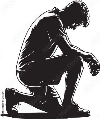 A man in a kneeling position, expressing sadness or despair in a simple silhouette against a gray background, conveying a sense of loss or hopelessness.