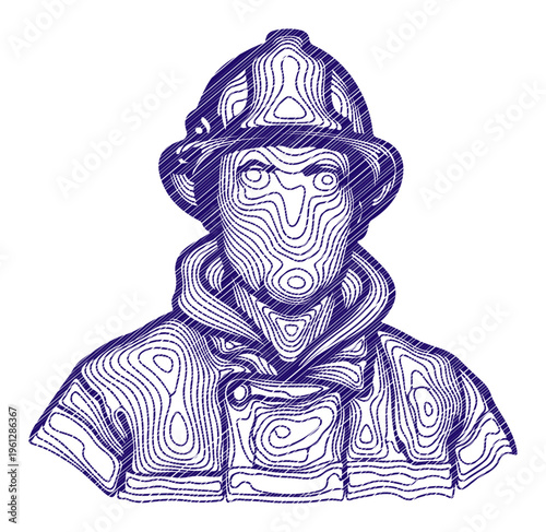 Heroic firefighter portrait rendered in bold contour lines, symbolizing courage and protection