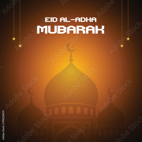 Eid al Adha Mubarak banner design with orange glowing background featuring mosque silhouette and crescent moon with stars