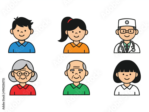 A set of six cartoonstyle people with diverse appearances and expressions