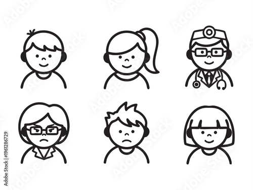 A set of six cartoonstyle line drawings of peoples faces with various expressions and headgear
