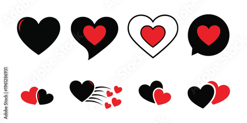 Collection of various heart shapes and symbols in black and red colors
