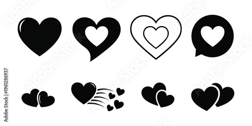 Collection of various black heart shapes and symbols