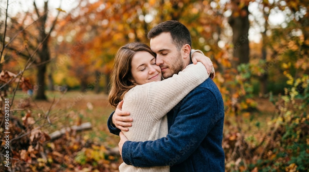 Fototapeta premium Young couple embracing with eyes closed in autumn park setting 