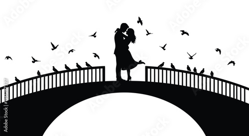 Couple embracing on a bridge with birds flying a romantic silhouette