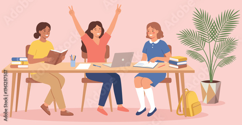 Diverse happy female students studying together at desk with laptop and books, celebrating education success and group learning teamwork