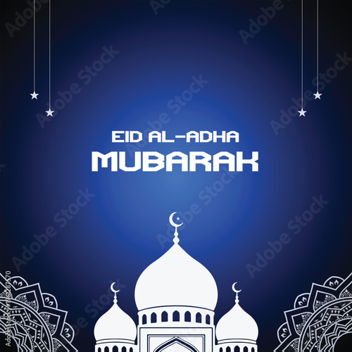 Elegant Eid al Adha Mubarak greeting card with white mosque silhouette on blue background with decorative mandala elements