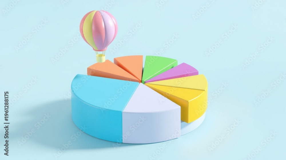 Obraz premium Pastel pie chart with hot air balloon above. Represents data, growth, success, or progress visually. Simple, clean design.