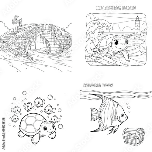 Coloring book outline: cute sea turtles, angelfish, treasure chest and european village scene
